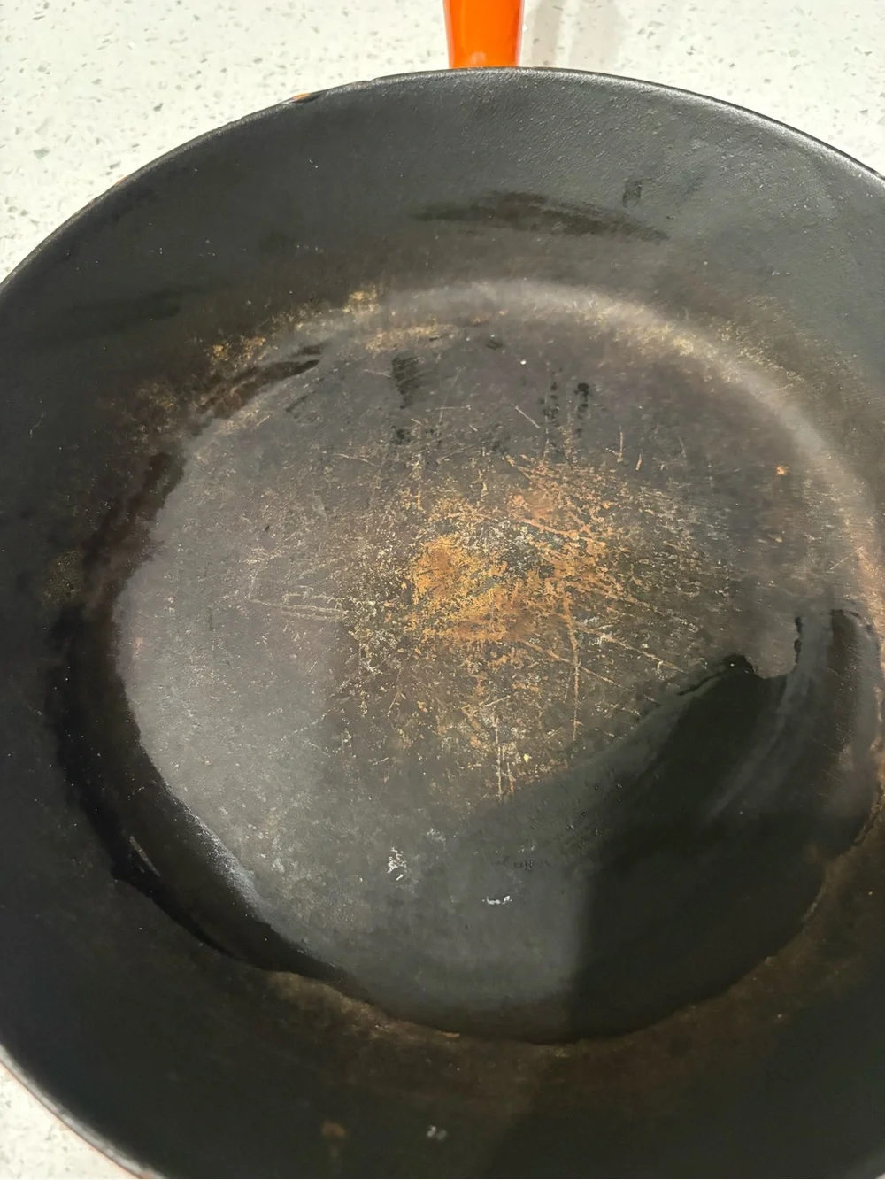 Le Creuset Orange Enameled Cast Iron Skillet with Wooden Handle